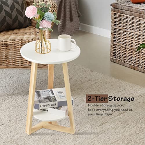 Hadulcet Two-Tier White Side Table for Living Room & More