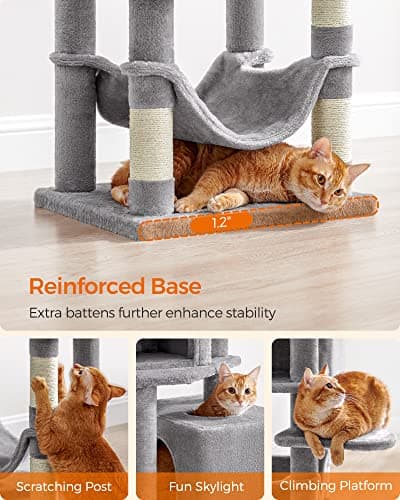 Feandrea 61-Inch Cat Tree for Indoor Cats - Plush Multi-Level Condo with 5 Scratching Posts, 2 Perches, 2 Caves, and Hammock in Light Gray