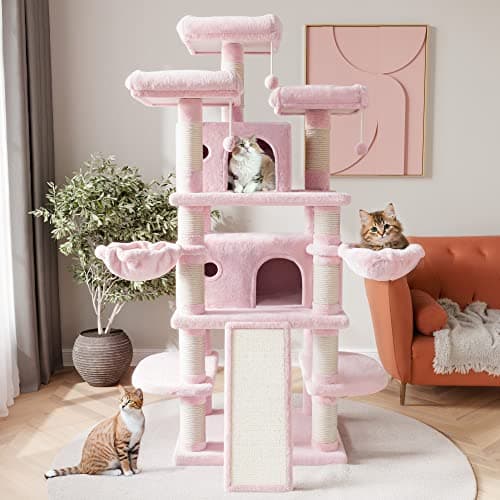 SHA CERLIN 68-Inch Multi-Level Cat Tree for Large Cats with Condo, Perches, Scratching Posts, and Hammocks - Pink