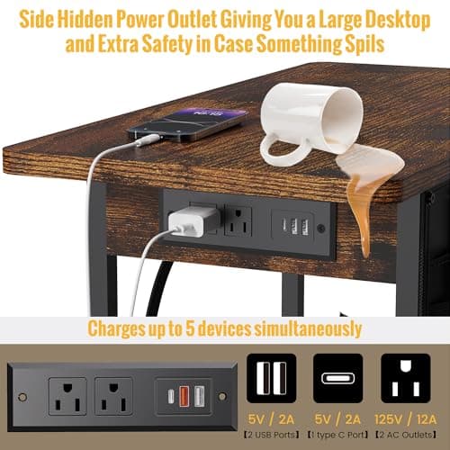 Narrow Side Table with Charging Station for Living Room and Bedroom