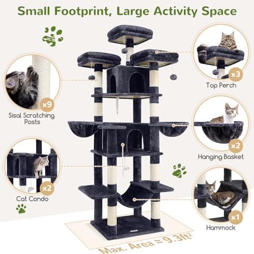 XXL F80 Indoor Cat Tower with Hammock, Scratching Post & 3 Perches Dark Grey