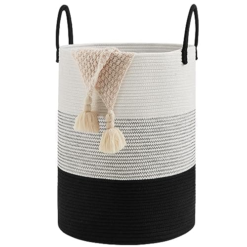 YOUDENOVA Tall 58L Jute Rope Laundry Hamper for Bedroom and Baby Nursery — White&Black