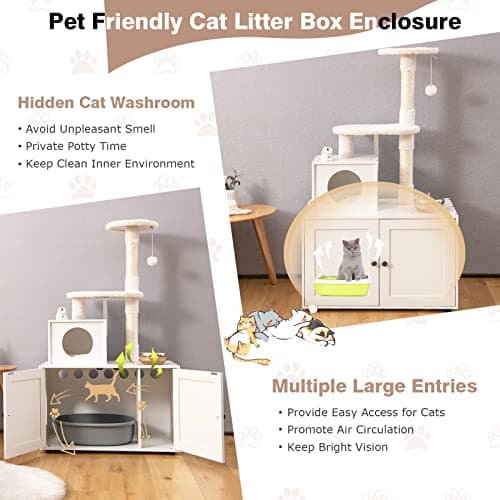 Tangkula 2-in-1 Litter Box with Cat Tree & Hidden Washroom for Indoor Cats (White)