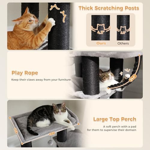 XXL Heavy-Duty Cat Tree for Large Cats with 13 Thick Scratching-posts & Spacious Perch - Black