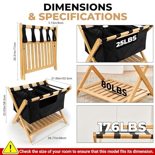 Bamboo Folding Luggage Racks for Guest Room with Laundry Bag and Shoe Rack (Set of 2)