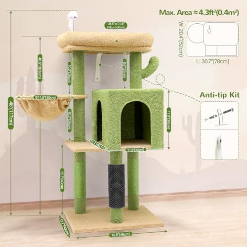 Sturdy F46B Cactus Cat Tree for 46-Inch Indoors, Multiple Cats, Premium Materials, Green