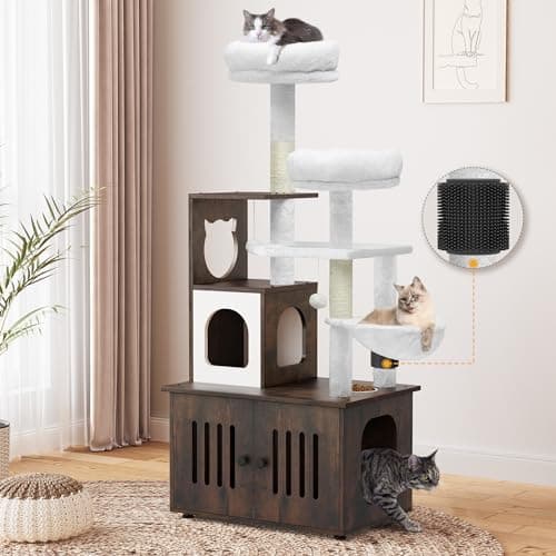 YITAHOME 2-in-1 Cat Tree and Litter Box Enclosure - Modern Indoor Cat Tower with Wood House, Perch, and Hammocks, 59 Inch, Gray — Rustic Brown