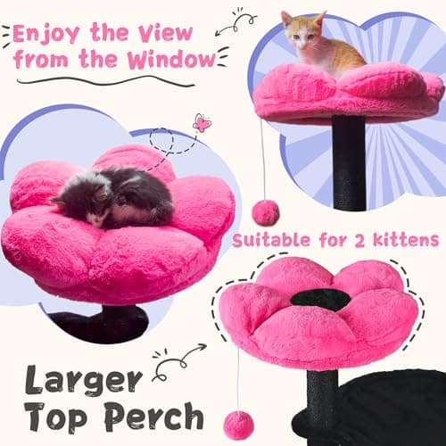 Black Pink Flower Cat Tree for Indoor Cats with Hammock