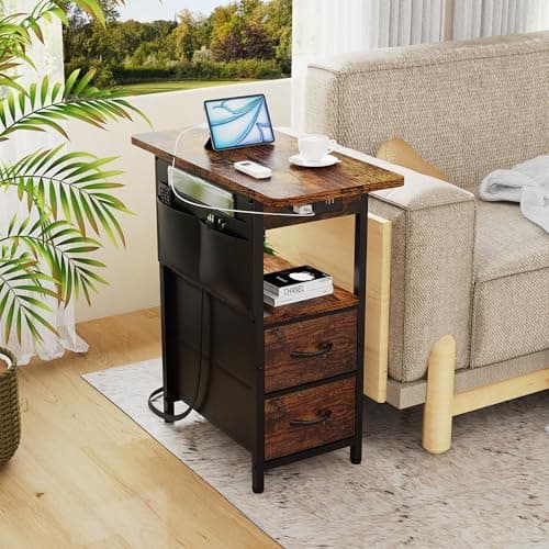 Narrow Side Table with Charging Station for Living Room and Bedroom