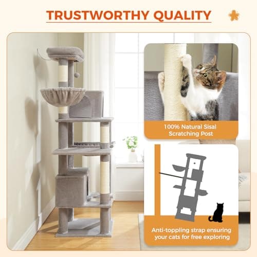 PEQULTI Super Large 66" Cat Tree for Indoor Adults Grey