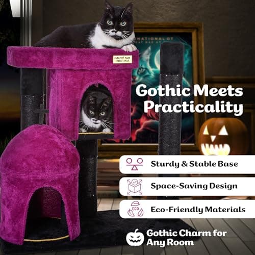 Gothic Black Cat Tree with Coffin Bed & Halloween Decor