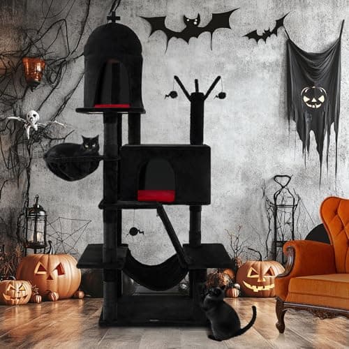 Gothic 67 Inch Tall Cat Tree with Scratching Posts & Ladder, Spooky Balls & Hammock, Black
