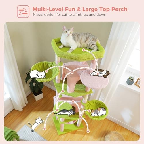 Large Multi-Level Pink Cat Tree for Indoor Cats with 3 Hammocks & 2 Condos