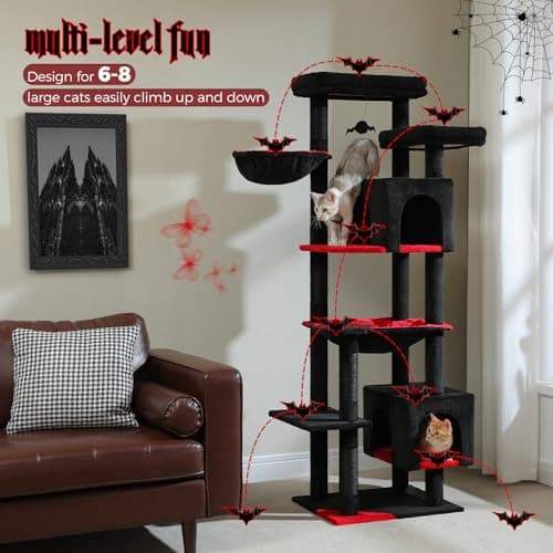 PETEPELA Gothic Cat Tree for Large Indoor Cats, Black with Big Hammock and Scratching Posts