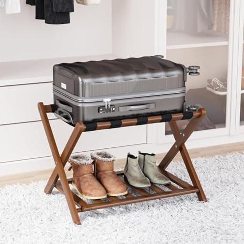 Fully Assembled Bamboo Luggage Stand with Storage, 5 Nylon Straps, Heavy Duty, Natural — Walnut-1pack