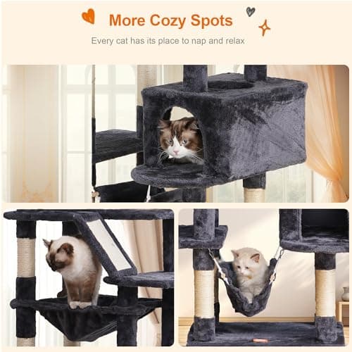 Heybly 73" Tall Smoky Gray Cat Tree for Large Cats, Heavy Duty Condo with Padded Perch and Scratching Posts