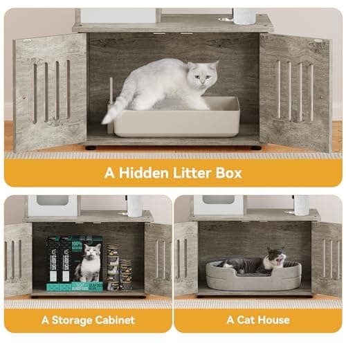 YITAHOME 2-in-1 Cat Tree and Litter Box Enclosure - Modern Indoor Cat Tower with Wood House, Perch, and Hammocks, 59 Inch, Gray