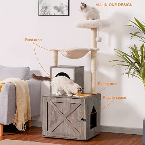Wood Cat Tree with Food Station and Condo