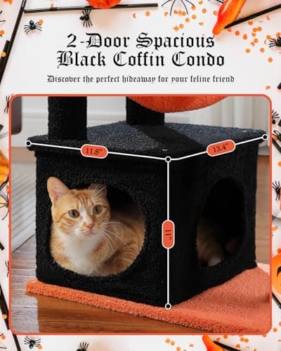 Spooky Gothic Cat Tree with Coffin Condo, 2 Metal Hammocks & Scratching Post, Black Halloween