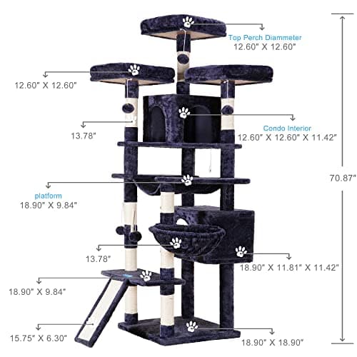 Smoky Gray XL Cat Tree - 71 Inches Multi-Level with 3 Perches & Scratcher MPJ034G