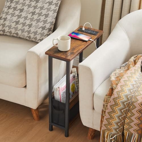 Slim Charging End Table with Storage for Small Spaces and Bedrooms