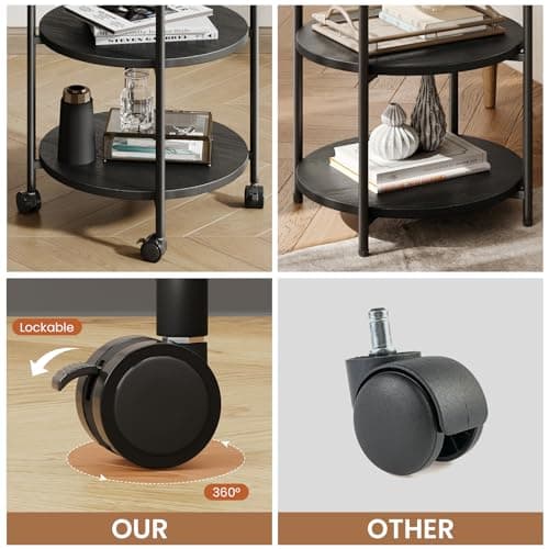 Modern 3-Tier Side Table with Wheels, Black, for Living Room or Bedroom