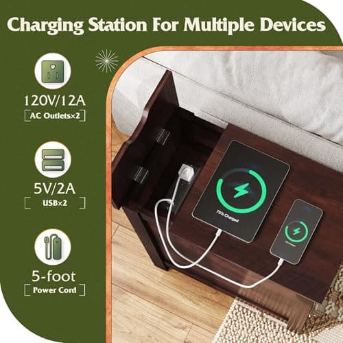 WLIVE Living Room End Table with Charging Station and Storage, Espresso Finish