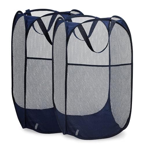 Sturdy White Collapsible Laundry Hamper with Side Pocket – Space-Saving and Breathable (2-Pack) — Blue, 2-PACK