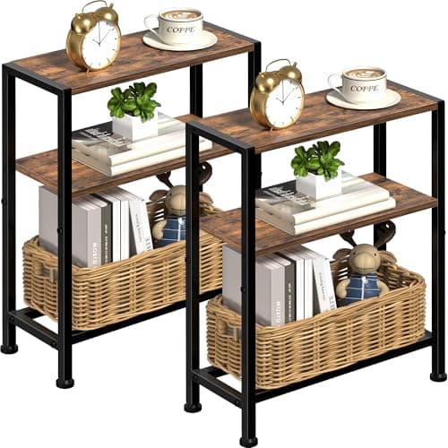 Slim Black 2-Tier Side Table for Small Spaces in Living Room, Bedroom, and Kitchen — Rustic Brown-3tier