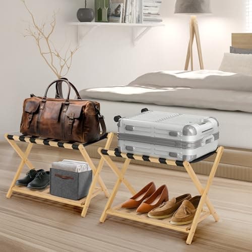 2-Pack Foldable Bamboo Suitcase Stand with Storage Shelf, 6 Nylon Straps, Ideal for Hotel Rooms