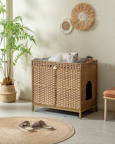 Hidden Handwoven Rattan Cat Litter Box Enclosure, Large Metal Feet, 30.3 x 18.3 x 28 Inches, Indoor