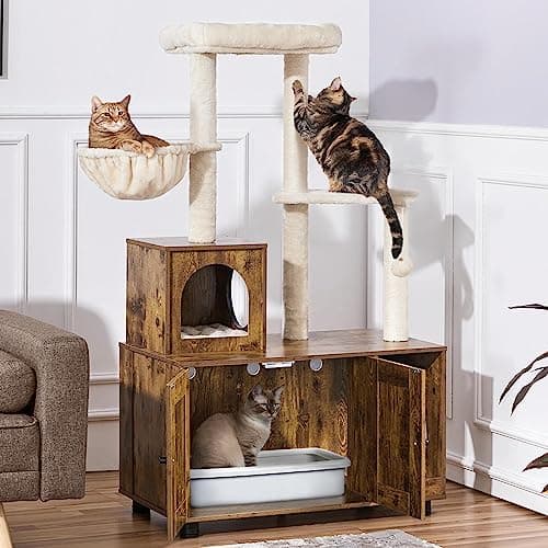 Yaheetech Cat House with Litter Box Enclosure and Tree - All-in-One Wooden Furniture in Rustic Brown/Beige