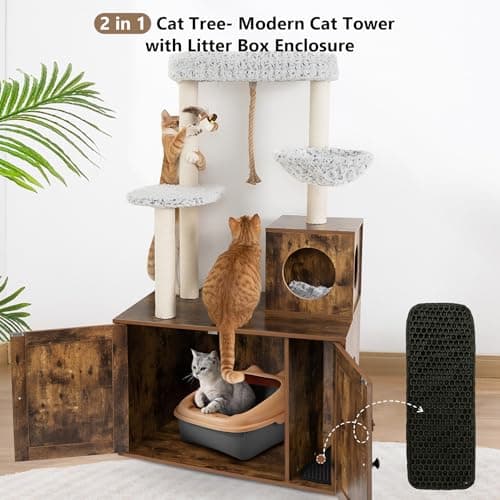 55in Cat Tree with Litter Box Enclosure and Food Station for Cats
