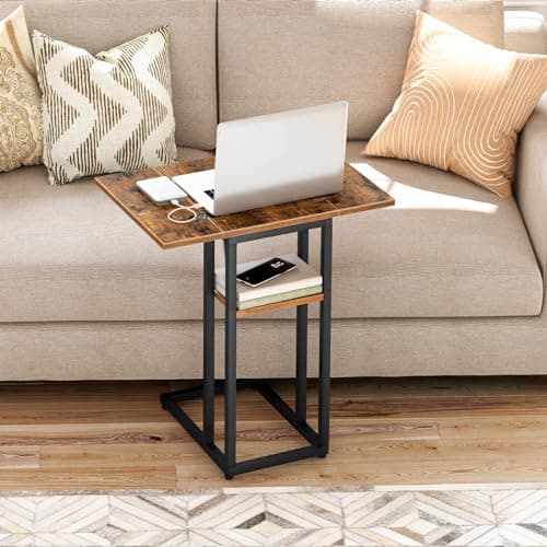 HOOBRO Foldable C-Shaped End Table with Storage, Rustic Brown, BF29SF01