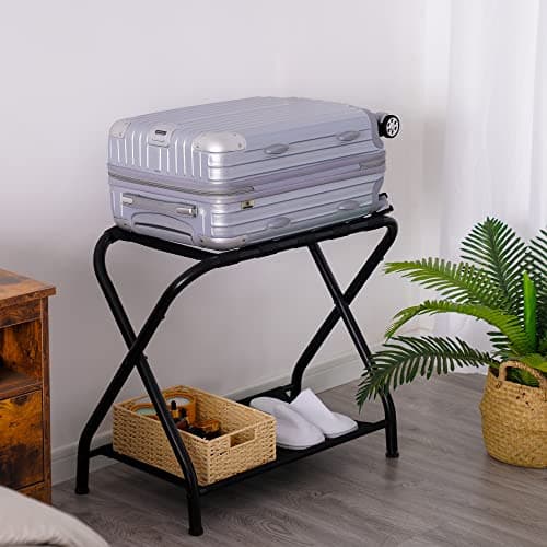 Heybly Steel Folding Luggage Rack with Storage Shelf, Pack of 2 - Black