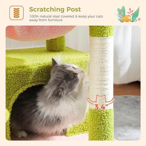 PEQULTI 4-in-1 Multi-Level Pink Cat Tower with Hammock & Scratching Post