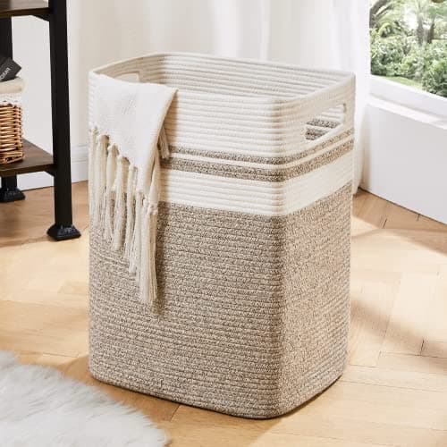 OIAHOMY Collapsible Storage Basket, Tall Cotton Hamper with Handles-Yellow Variegated