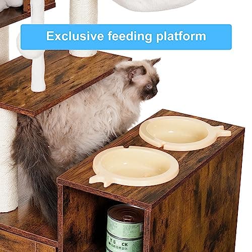 Modern Cat Tree with Litter Box Enclosure and Food Station