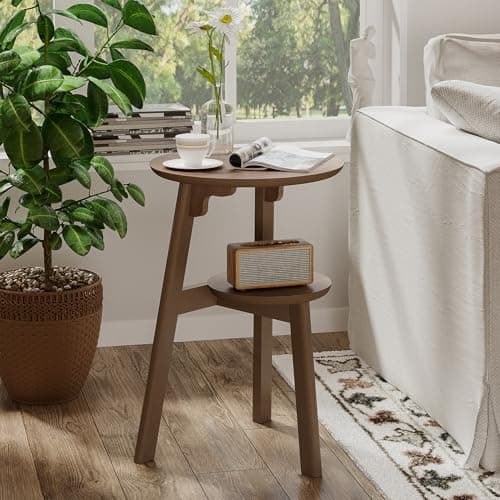 ChooChoo Round End Table with 2 Tier Shelf for Small Spaces, Walnut
