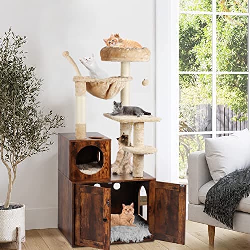 2-in-1 Cat Tower with Litter Box Enclosure and Large Furniture, Rustic Brown