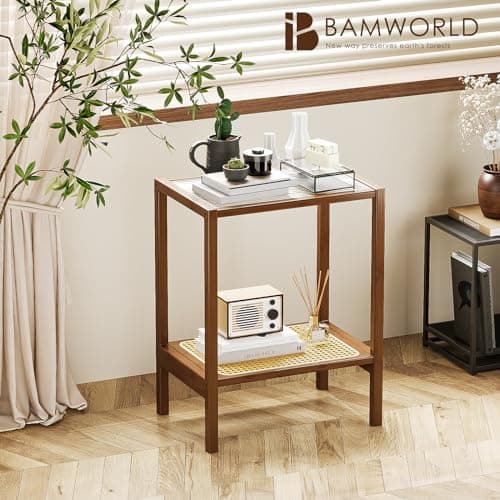 Bamworld Rattan 2-Tier Side Table with Storage Boho Living Room Glasstop Narrow Coffee Table