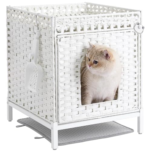 Hidden Rattan Cat House with Litter Mat & Metal Feet — White
