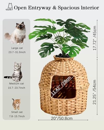 Hidden Handwoven Rattan Cat Litter Box Enclosure with Odor Control, Artificial Plants, Real Stones