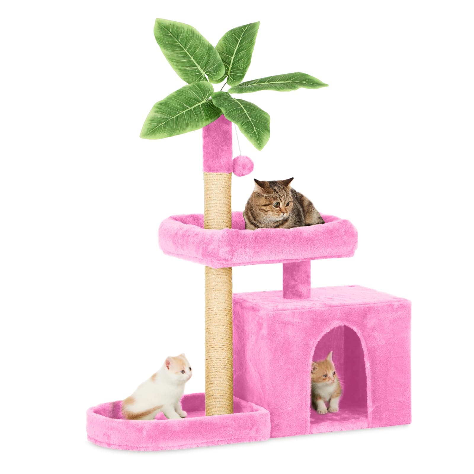 31.5" Pink Cat Tree with Leaf Design & Scratching Posts