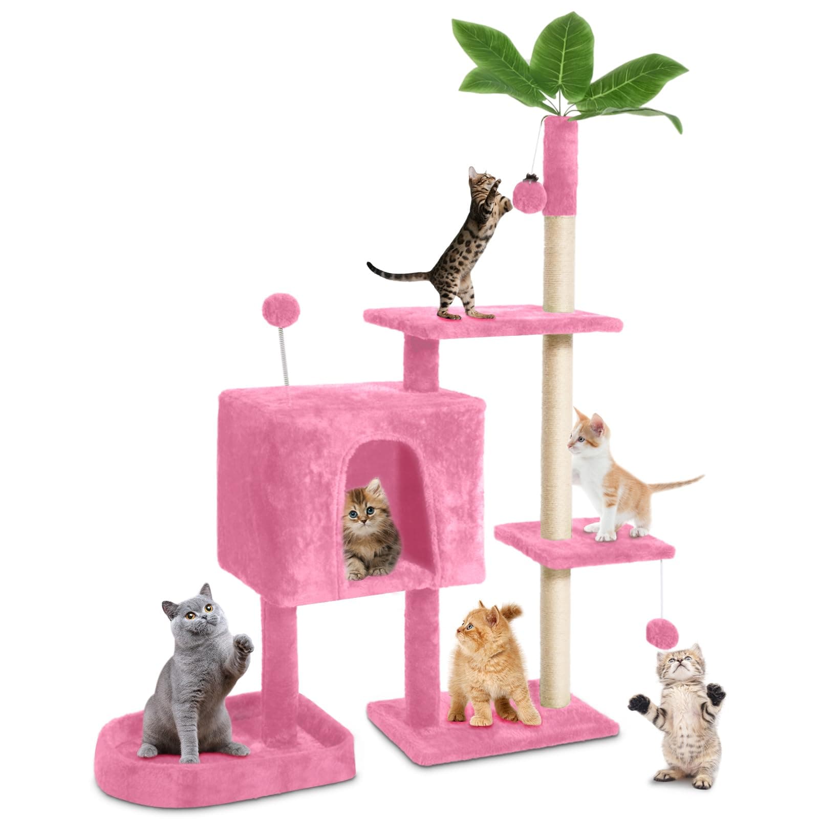 52 Cat Tree Tower for Indoor Cats with Green Leaves and Cozy Plush Condo