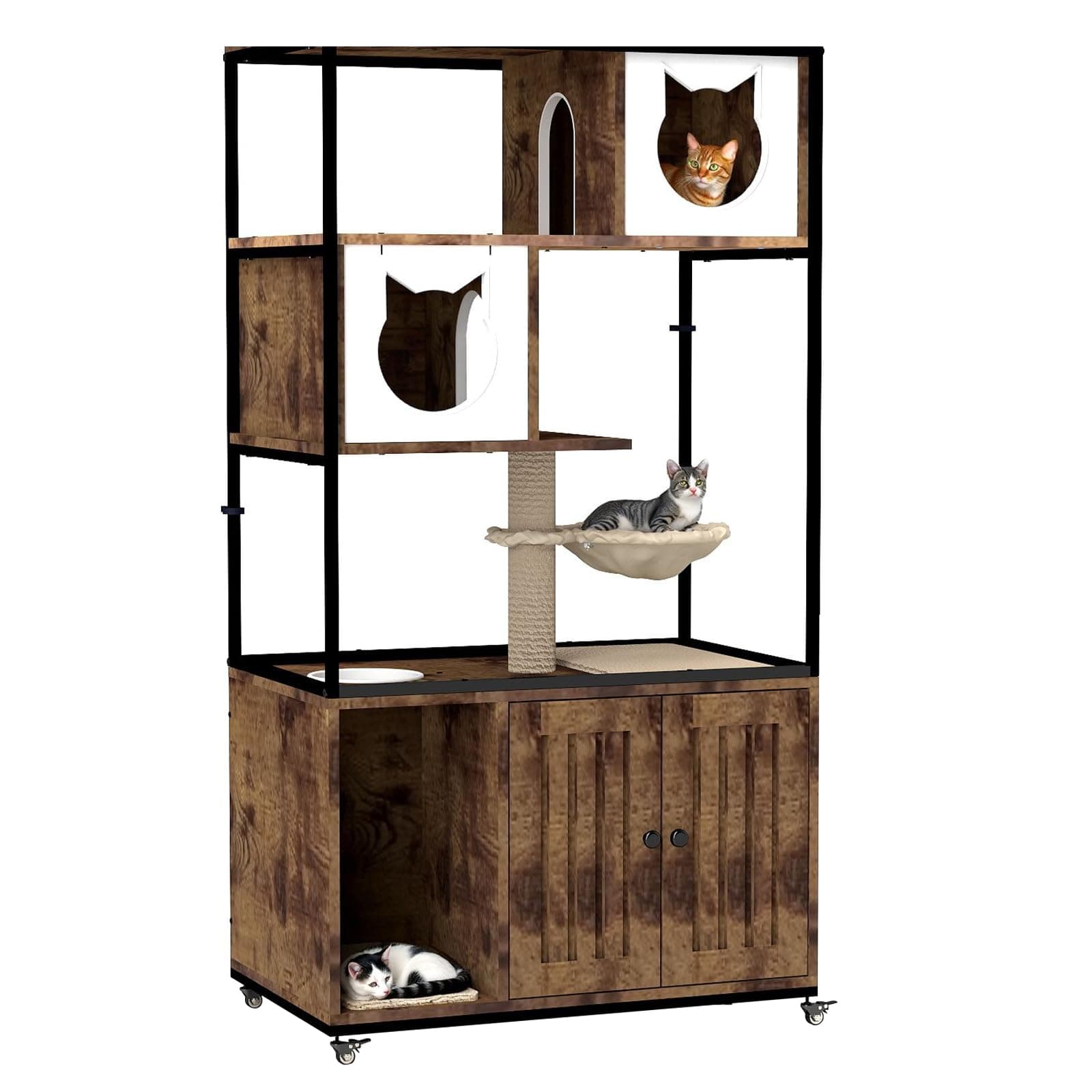 Large Wooden Cat Litter Box Enclosure with Tower, 45" Tall