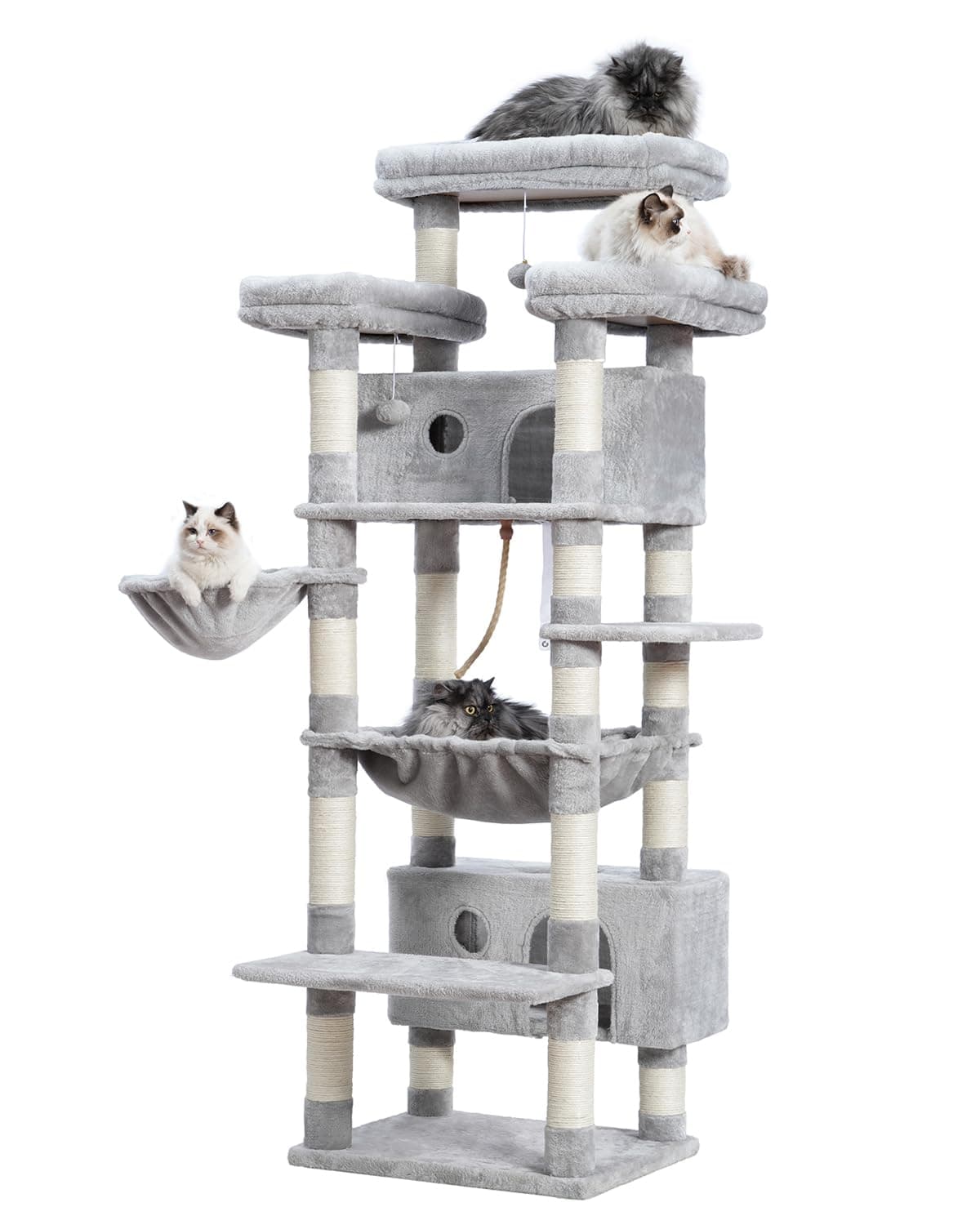 Large Multi-Level Cat Tree for Indoor Cats with 3 Platforms and 2 Condos in Light Gray