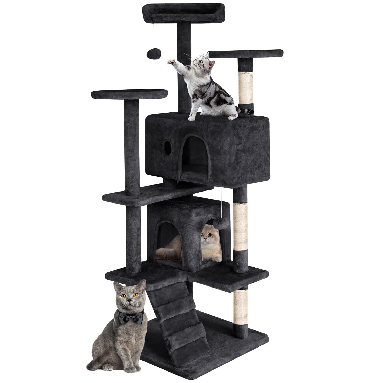 Dark Gray Cat Tree for Indoor Cats with Dangling Ball and Funny Toys