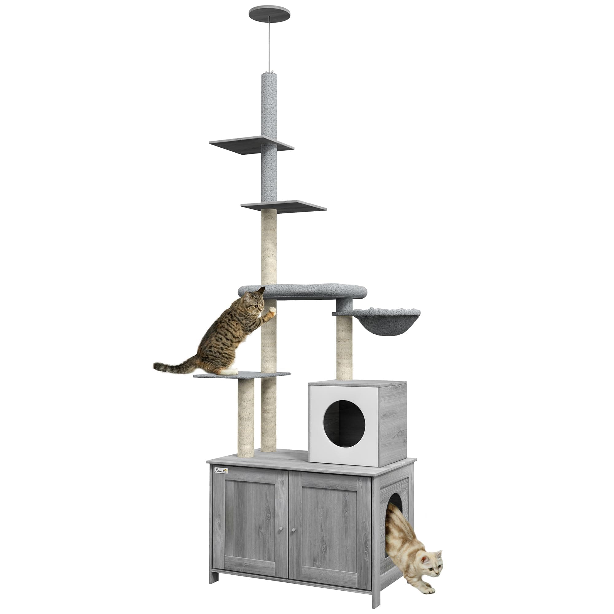 PawHut 2-in-1 Cat Tree & Litter Box Enclosure, Gray