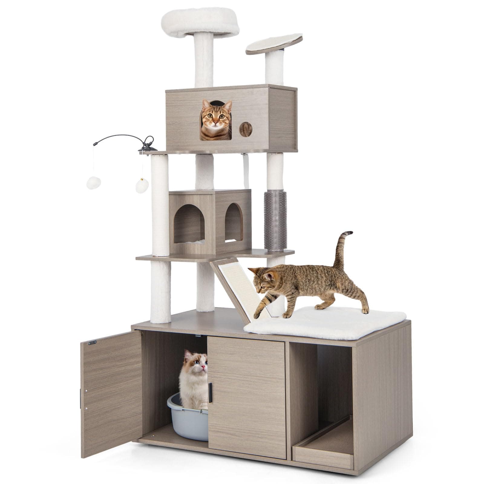 Tangkula Cat Tree with Litter Box, 2 Condos, Scratching Posts & Dangling Balls